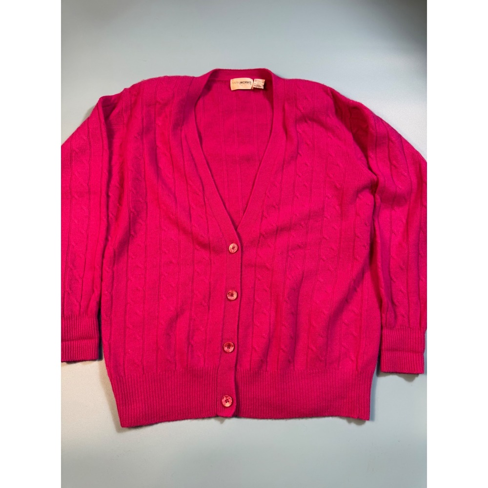 Vintage Yarn Works Hot Pink Lambswool Angora Cable Knit‎ Cardigan Sweater Medium